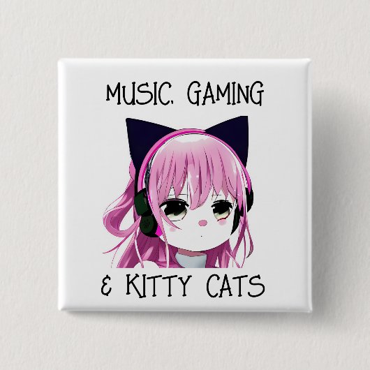Muziek Gaming en Kitty Cat Anime Meisje Vierkante Button 5,1 Cm (Voorkant)