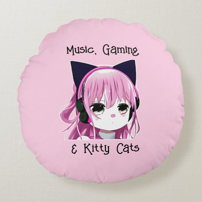 Muziek, Gaming en Kitty Cats | Anime Meisje Rond Kussen (Voorkant)