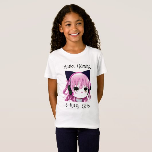 Muziek, Gaming en Kitty Cats | Anime Meisje T-shirt (Voorkant volledig)