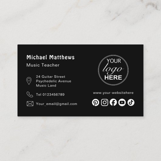 Muziek Gitaar Leraar Logo en Social Media Custom Visitekaartje (Achterkant)