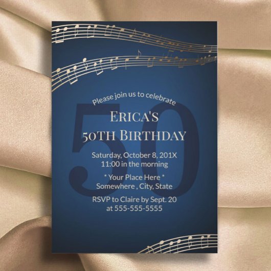 Muziek Gold & Navy Blue 50th Birthday Party Kaart