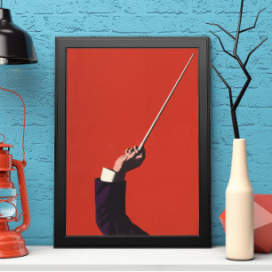 muziek, hand van de geleider die een batterij vas poster