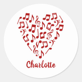 Muziek Hart van Rode Muzieknamen met Naam Ronde Sticker