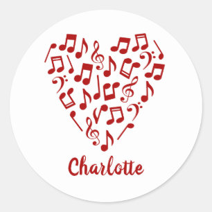 Muziek Hart van Rode Muzieknamen met Naam Ronde Sticker