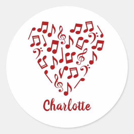 Muziek Hart van Rode Muzieknote met Naam Ronde Sticker (Voorkant)