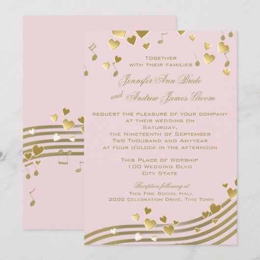 Muziek Harten roze en goud Kaart (Voorkant / Achterkant)