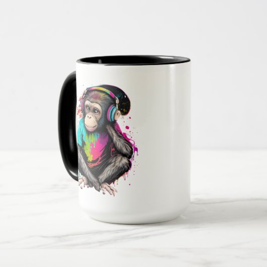 Muziek in apensets luisteren, muziek geobsedeerd d mok (Voorkant links)