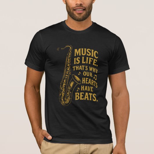 Muziek is het leven - gouden saxofoon t-shirt (Voorkant)
