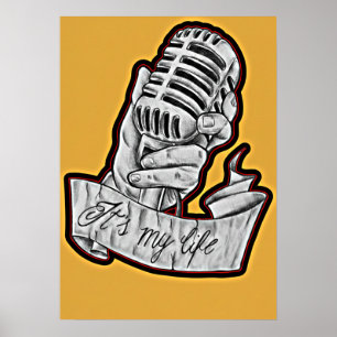 Muziek is mijn leven - Getekende vintage microfoon Poster