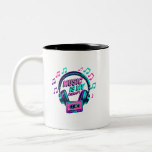 Muziek is mijn therapie - Retro koptelefoon koffie Tweekleurige Koffiemok