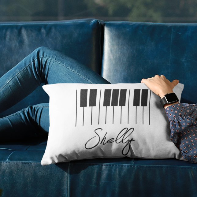 Muziek Leraar Piano Student Toetsenbord Naam Accent Kussen (Piano keyboard black and white pillow with personalized name in script)