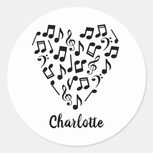 Muziek Liefde Hart van Muziek Noten met Naam Ronde Sticker (Voorkant)
