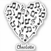 Muziek Liefde Hart van Muziek Noten met Naam Sticker (Voorkant)