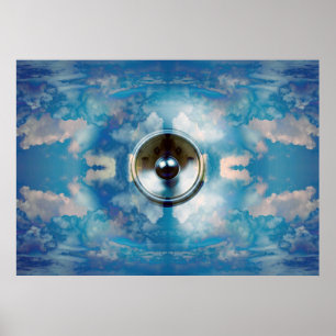 Muziek luidspreker in een bewolkte blauwe lucht po poster