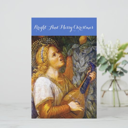 MUZIEK MAKEN KERSTENGEL IN GOUDGEEL BLAUW BRIEFPAPIER (Staand voorkant)