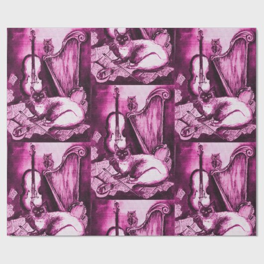 MUZIEK MAKING CAT EN OWL, Paars roze Cadeaupapier (Vlak)
