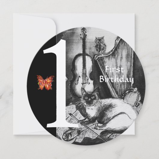 MUZIEK MAKING CAT First Birthday Party (Zwarte Wit Kaart (Voorkant)