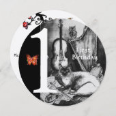 MUZIEK MAKING CAT First Birthday Party (Zwarte Wit Kaart (Voorkant / Achterkant)