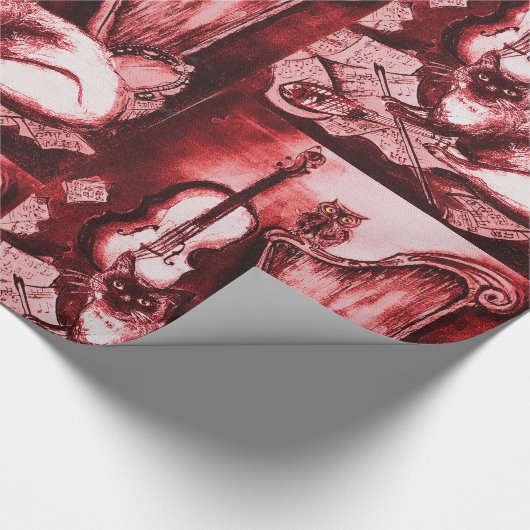 MUZIEK MAKING CAT,OWL,Musical Instruments Red Whit Cadeaupapier (Hoek)