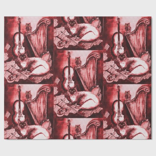 MUZIEK MAKING CAT,OWL,Musical Instruments Red Whit Cadeaupapier (Vlak)
