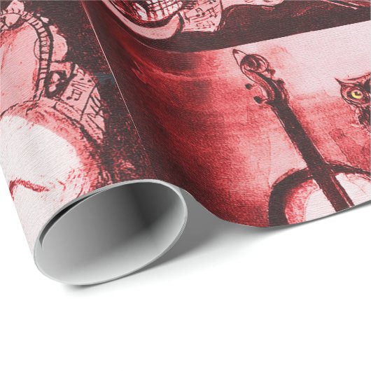 MUZIEK MAKING CAT,OWL,Musical Instruments Red Whit Cadeaupapier (Rol Hoek)