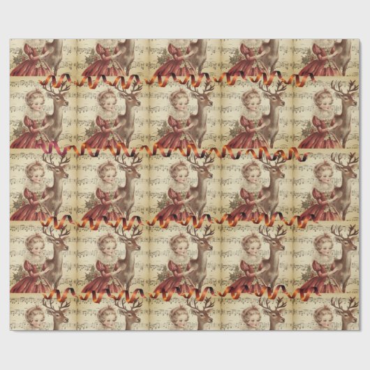  muziek meisje en kerst rendieren cadeaupapier (Vlak)