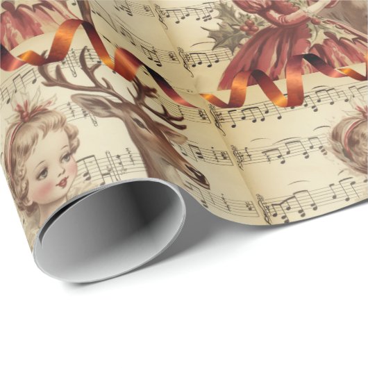  muziek meisje en kerst rendieren cadeaupapier (Rol Hoek)