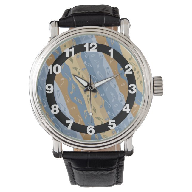 Muziek Note Strepen Bruin en Blauw Horloge (Voorkant)