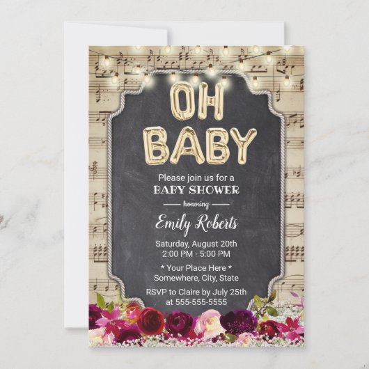 Muziek Oh Baby shower Rustic Burgundy Red Floral Kaart (Voorkant)