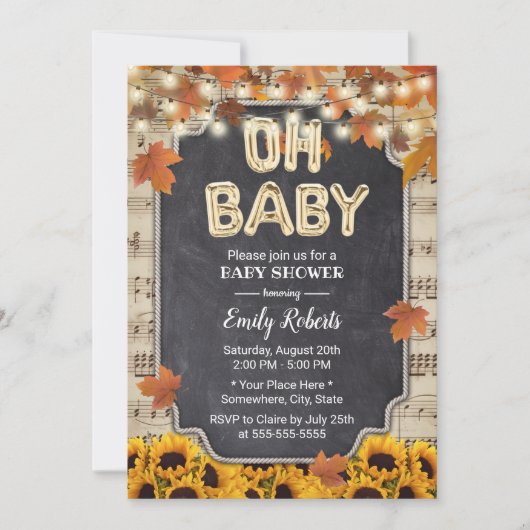 Muziek Oh Baby shower Rustic Fall Leaves Sunflower Kaart (Voorkant)