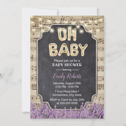Muziek Oh Baby shower Rustic Lavender Floral Kaart (Voorkant)