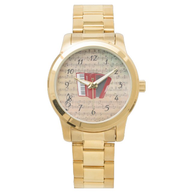 Muziek op  vel met een rode cordion horloge (Voorkant)