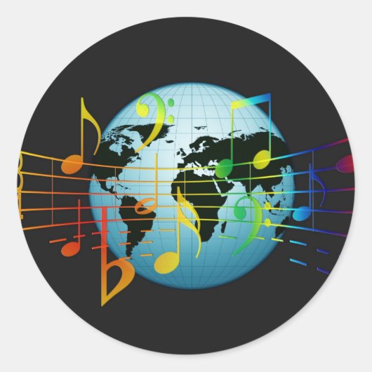 Muziek over de hele wereld ronde sticker (Voorkant)