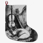 MUZIEK, OWL VIOLIN EN HARP, ZWARTE WITTE MUZIEK GROTE KERSTSOK (Voorkant)