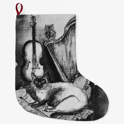 MUZIEK, OWL VIOLIN EN HARP, ZWARTE WITTE MUZIEK GROTE KERSTSOK (Voorkant)