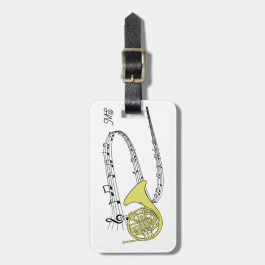 Muziek Personeel en Franse hoorntekening met Initi Bagagelabel (Voorkant verticaal)