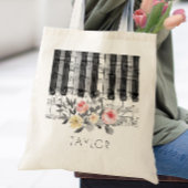 muziek piano rozen op grijze bladeren tote bag