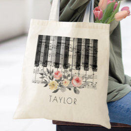 muziek piano rozen op grijze bladeren tote bag