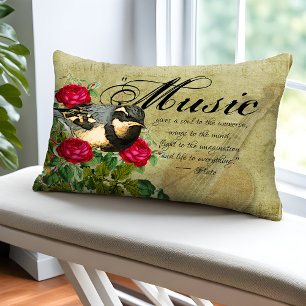 Muziek Quote Thrush Bird Red Flowers  Viool Accent Kussen