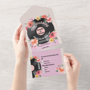 Muziek Record Bruiloft Bloemen uit de jaren vijfti All In One Uitnodiging