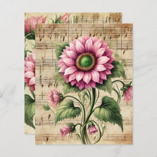  Muziek Roze & Groene Zonnebloemen Scrapbook (Voorkant / Achterkant)