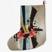 Muziek, saxofone grote kerstsok (Achterkant)