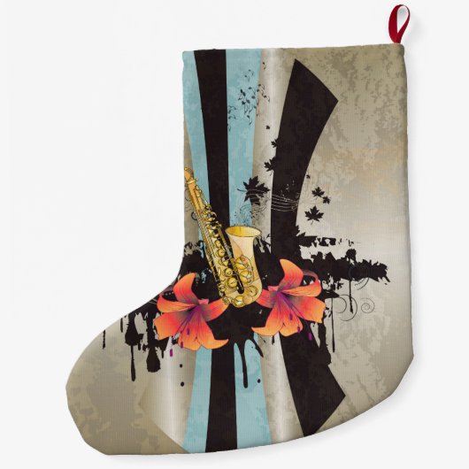 Muziek, saxofone grote kerstsok (Achterkant)