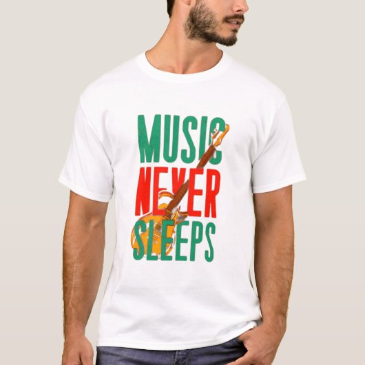 Muziek slaapt nooit t-shirt (Voorkant)
