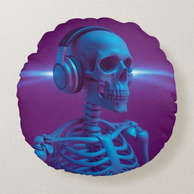 Muziek Sterft Nooit Skelet Rond Kussen (Voorkant)