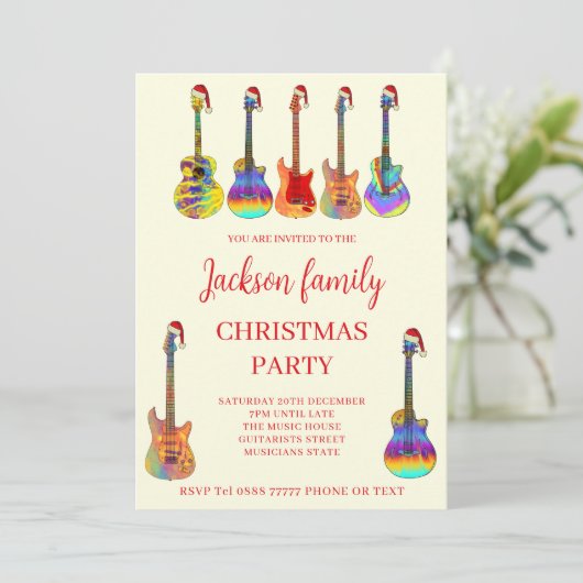 Muziek Thema Gitaar Kerstfeest uitnodiging (Staand voorkant)
