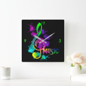Muziek Treble Clef Rainbow Colors Verf Splatter Vierkante Klok (Huis)