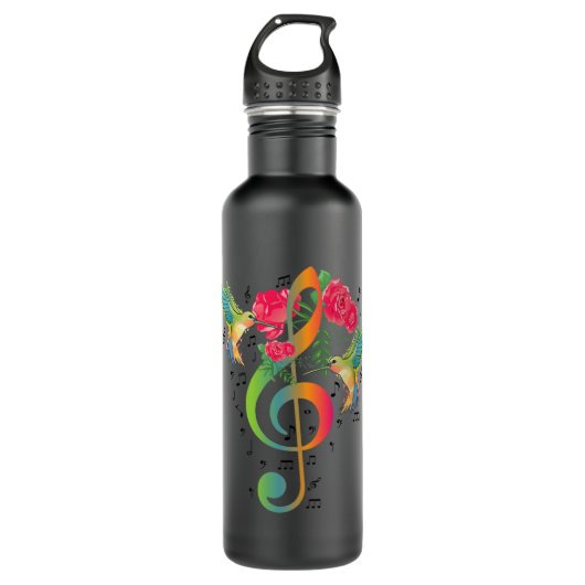 Muziek Treble Clef Rozen Hummingbird Muzieknoten M Waterfles (Voorkant)