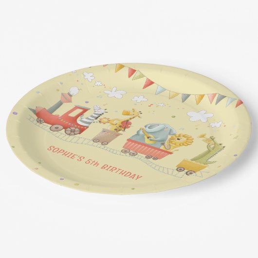 Muziek trein met wilde dieren kinderen verjaardag papieren bordje (Gekanteld)