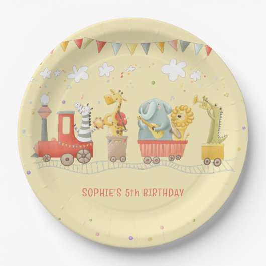 Muziek trein met wilde dieren kinderen verjaardag papieren bordje (Voorkant)
